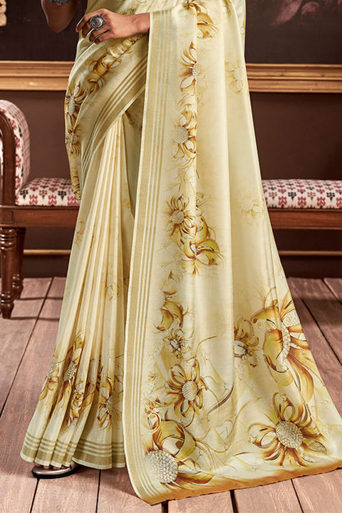 VastraLakshmi Improbable Yellow Digital Printed Soft Silk Saree With Radiant Blouse Piece