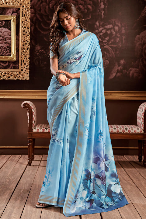 VastraLakshmi Tremendous Firozi Digital Printed Soft Silk Saree With Quixotic Blouse Piece