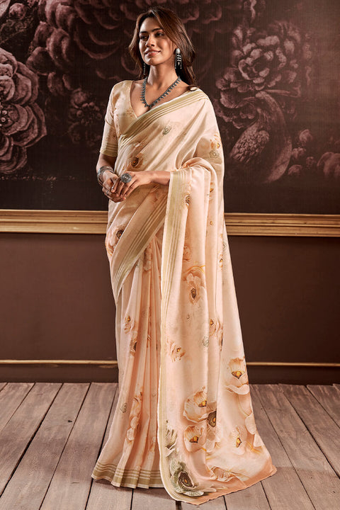 VastraLakshmi Transcendent Beige Digital Printed Soft Silk Saree With Exemplary Blouse Piece