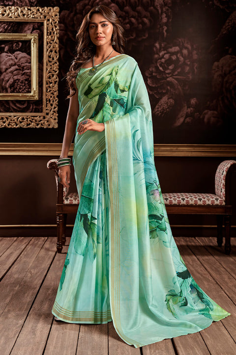 VastraLakshmi Amiable Sea Green Digital Printed Soft Silk Saree With Exquisite Blouse Piece