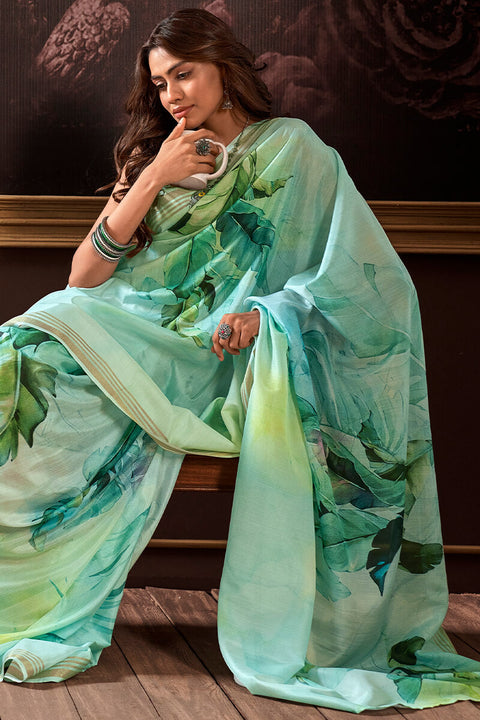 VastraLakshmi Amiable Sea Green Digital Printed Soft Silk Saree With Exquisite Blouse Piece