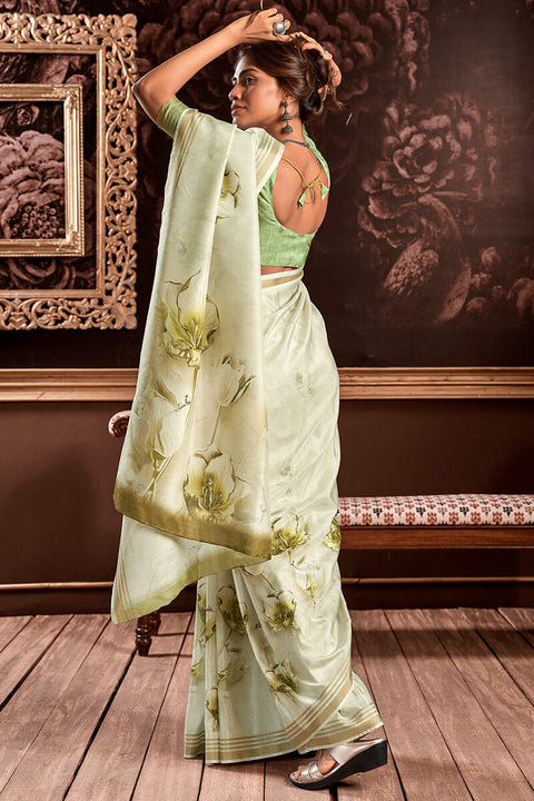 VastraLakshmi Supernal Pista Digital Printed Soft Silk Saree With Artistic Blouse Piece