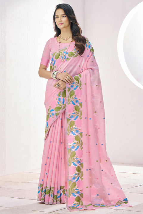 VastraLakshmi Gleaming Pink Cotton Silk Saree With Flattering Blouse Piece