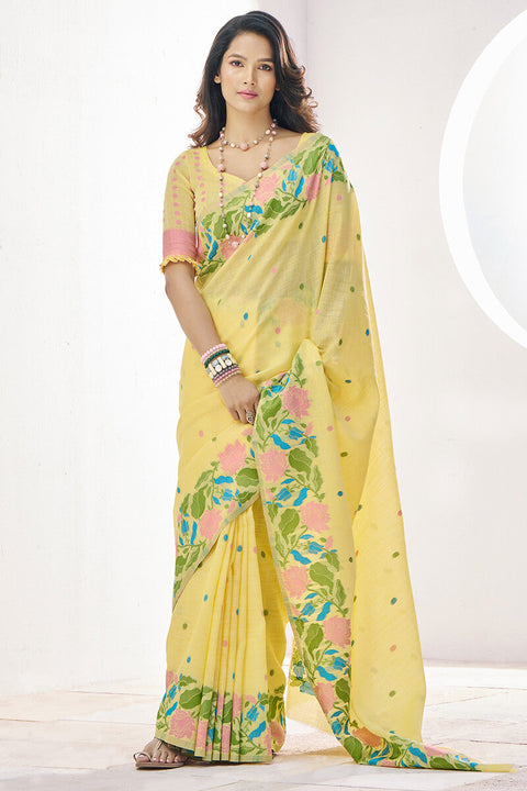 VastraLakshmi Hypnotic Yellow Cotton Silk Saree With Twirling Blouse Piece