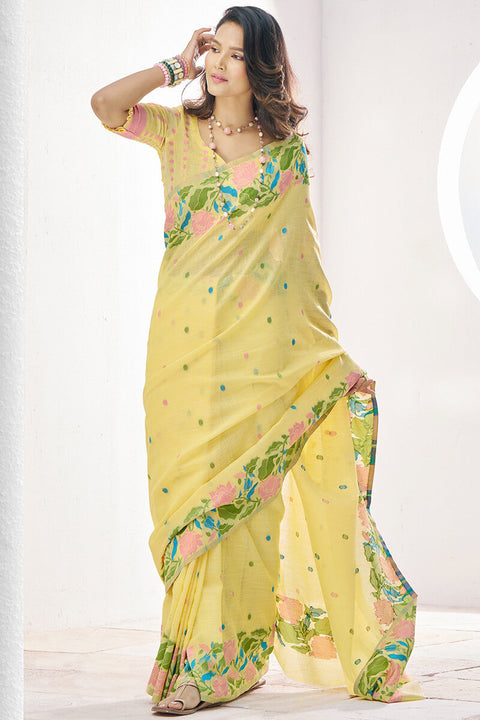 VastraLakshmi Hypnotic Yellow Cotton Silk Saree With Twirling Blouse Piece