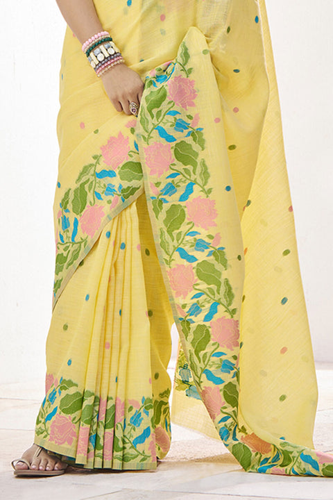 VastraLakshmi Hypnotic Yellow Cotton Silk Saree With Twirling Blouse Piece