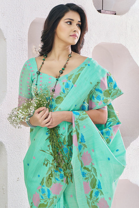 VastraLakshmi Confounding Sea Green Cotton Silk Saree With Artistic Blouse Piece