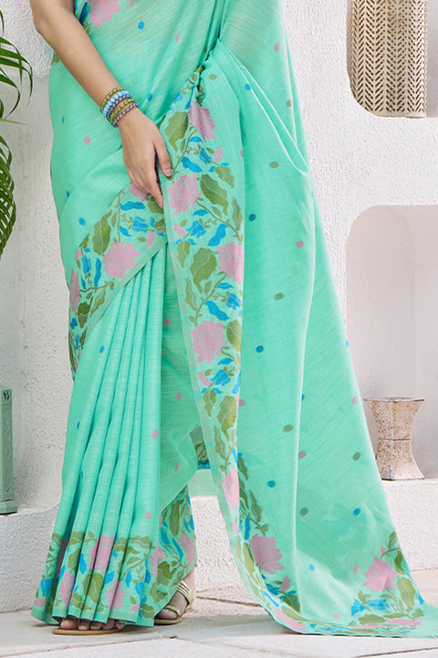 VastraLakshmi Confounding Sea Green Cotton Silk Saree With Artistic Blouse Piece