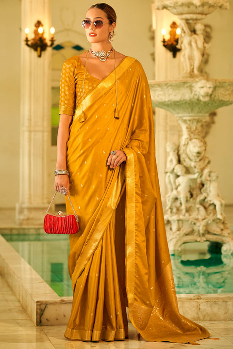 VastraLakshmi Scrumptious Mustard Banarasi Satin Silk Saree With Vestigial Blouse Piece