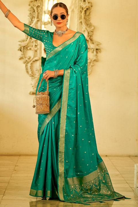 VastraLakshmi Quintessential Sea Green Banarasi Satin Silk Saree With Moiety Blouse Piece