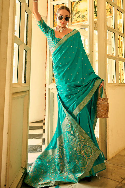 VastraLakshmi Quintessential Sea Green Banarasi Satin Silk Saree With Moiety Blouse Piece