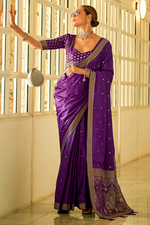 VastraLakshmi Brood Purple Banarasi Satin Silk Saree With Comely Blouse Piece