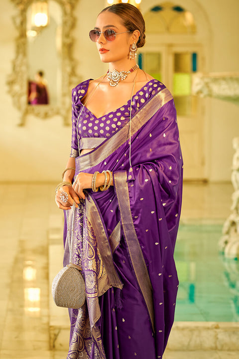 VastraLakshmi Brood Purple Banarasi Satin Silk Saree With Comely Blouse Piece