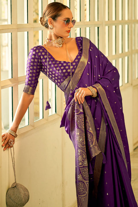 VastraLakshmi Brood Purple Banarasi Satin Silk Saree With Comely Blouse Piece