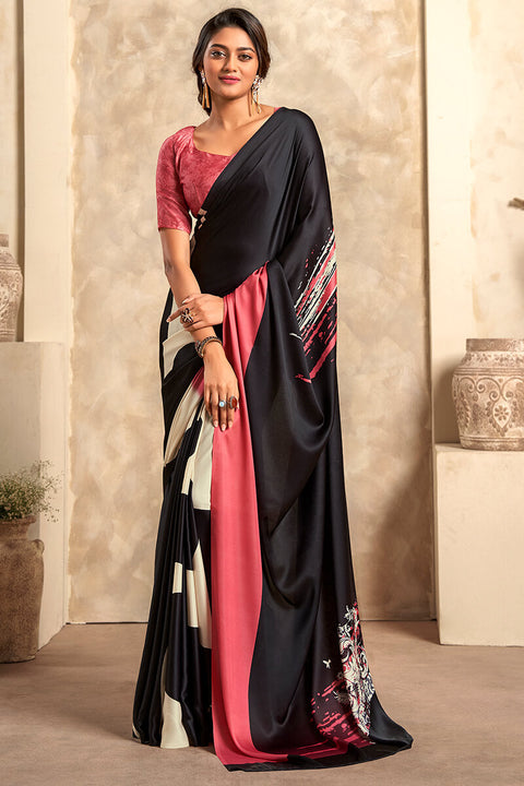 VastraLakshmi Attractive Black Digital Printed Satin Silk Saree With Skinny Blouse Piece