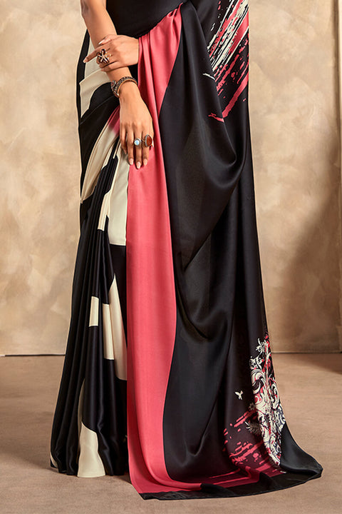 VastraLakshmi Attractive Black Digital Printed Satin Silk Saree With Skinny Blouse Piece