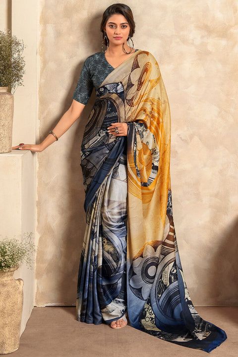 VastraLakshmi Staring Mustard and Blue Digital Printed Satin Silk Saree With Demanding Blouse Piece