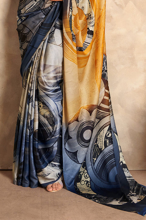 VastraLakshmi Staring Mustard and Blue Digital Printed Satin Silk Saree With Demanding Blouse Piece