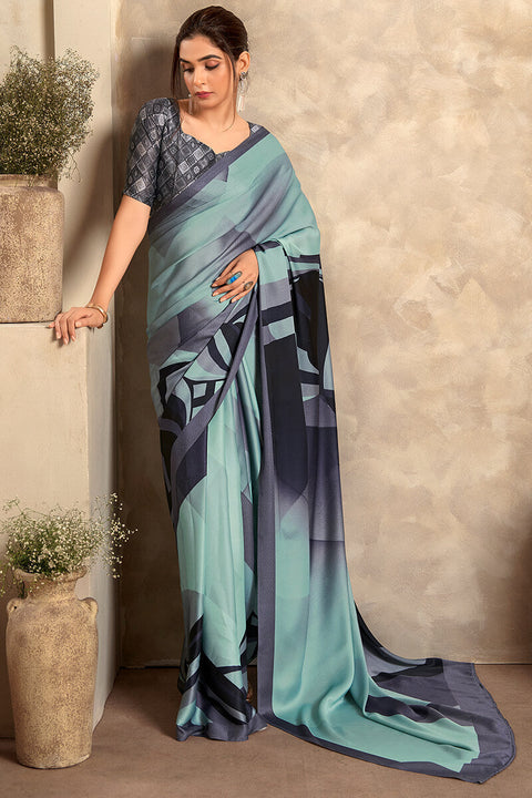 VastraLakshmi Engrossing Sky Digital Printed Satin Silk Saree With Groovy Blouse Piece