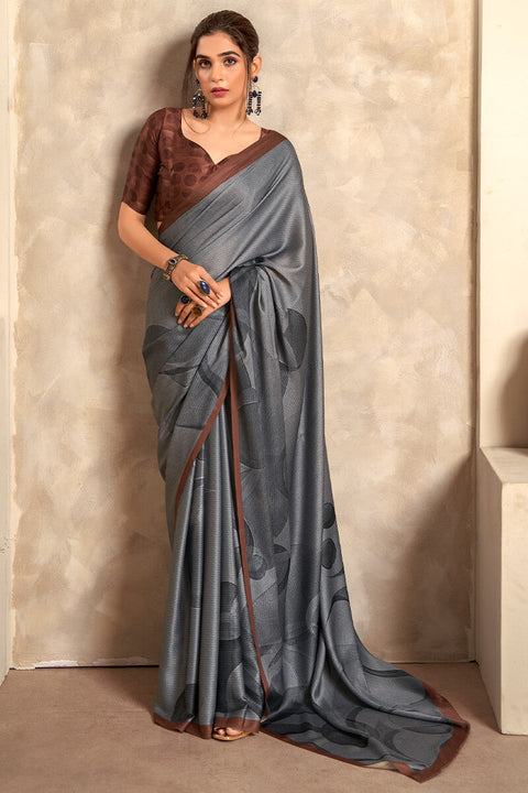 VastraLakshmi Pleasant Grey Digital Printed Satin Silk Saree With Glorious Blouse Piece