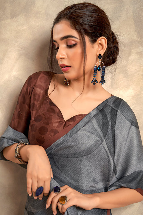 VastraLakshmi Pleasant Grey Digital Printed Satin Silk Saree With Glorious Blouse Piece