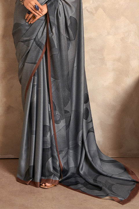 VastraLakshmi Pleasant Grey Digital Printed Satin Silk Saree With Glorious Blouse Piece