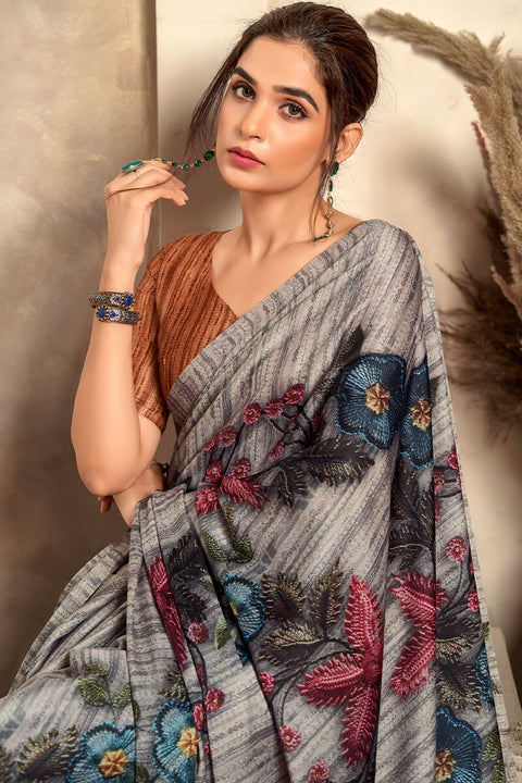 VastraLakshmi Stunner Grey Digital Printed Satin Silk Saree With Angelic Blouse Piece