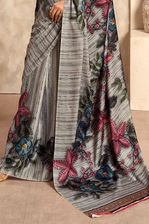 VastraLakshmi Stunner Grey Digital Printed Satin Silk Saree With Angelic Blouse Piece