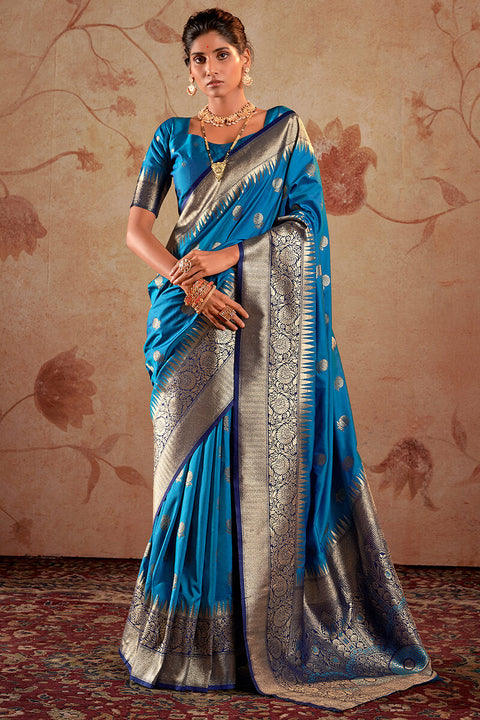 VastraLakshmi Capricious Blue Soft Banarasi Silk Saree With Exceptional Blouse Piece