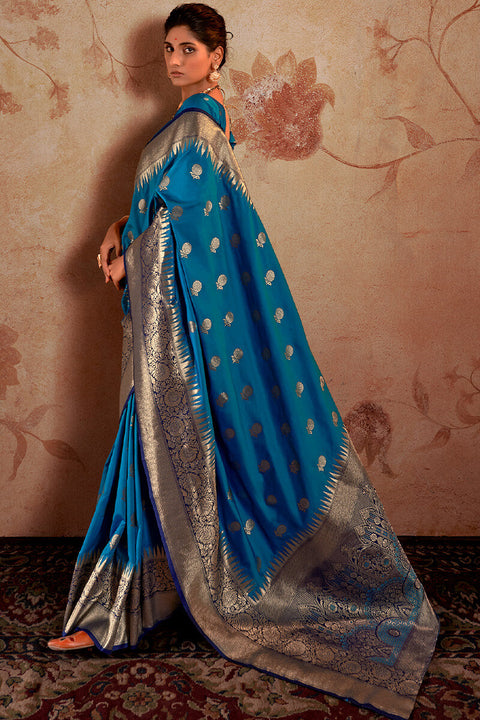 VastraLakshmi Capricious Blue Soft Banarasi Silk Saree With Exceptional Blouse Piece