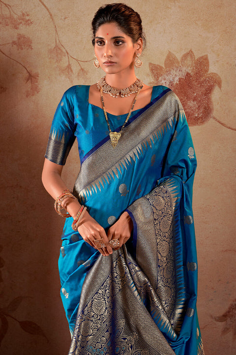 VastraLakshmi Capricious Blue Soft Banarasi Silk Saree With Exceptional Blouse Piece