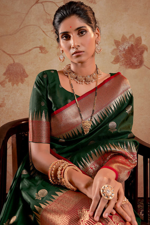 VastraLakshmi Classy Dark Green Soft Banarasi Silk Saree With Charming Blouse Piece