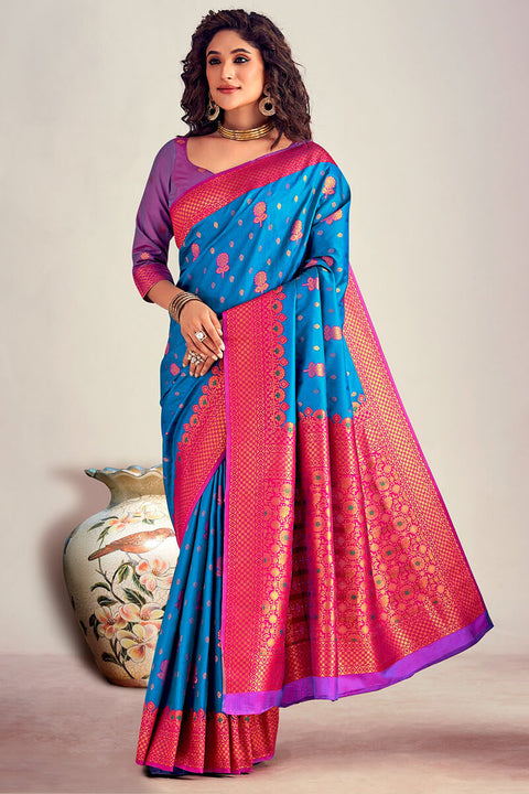 VastraLakshmi Blooming Blue Soft Banarasi Silk Saree With Flamboyant Blouse Piece