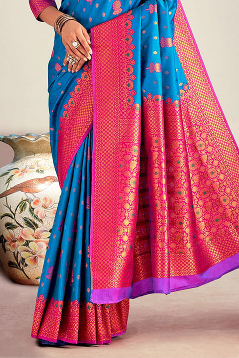 VastraLakshmi Blooming Blue Soft Banarasi Silk Saree With Flamboyant Blouse Piece