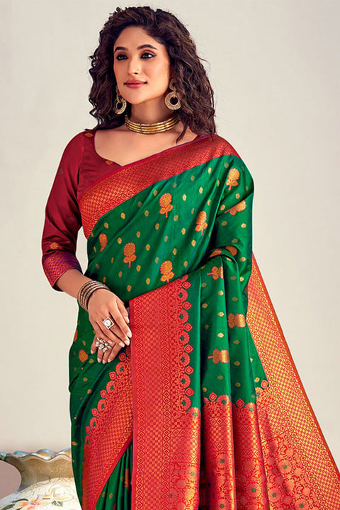 VastraLakshmi Fugacious Dark Green Soft Banarasi Silk Saree With Scintilla Blouse Piece