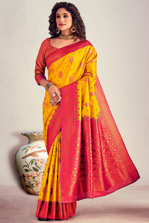 VastraLakshmi Amiable Yellow Soft Banarasi Silk Saree With Imaginative Blouse Piece