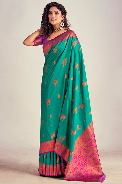 VastraLakshmi Palimpsest Rama Soft Banarasi Silk Saree With Effervescent Blouse Piece