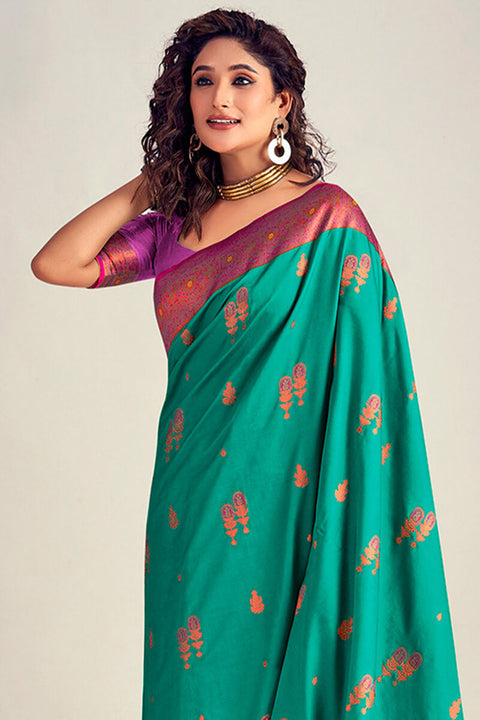 VastraLakshmi Palimpsest Rama Soft Banarasi Silk Saree With Effervescent Blouse Piece