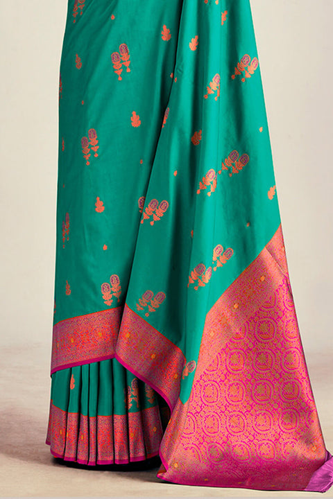 VastraLakshmi Palimpsest Rama Soft Banarasi Silk Saree With Effervescent Blouse Piece