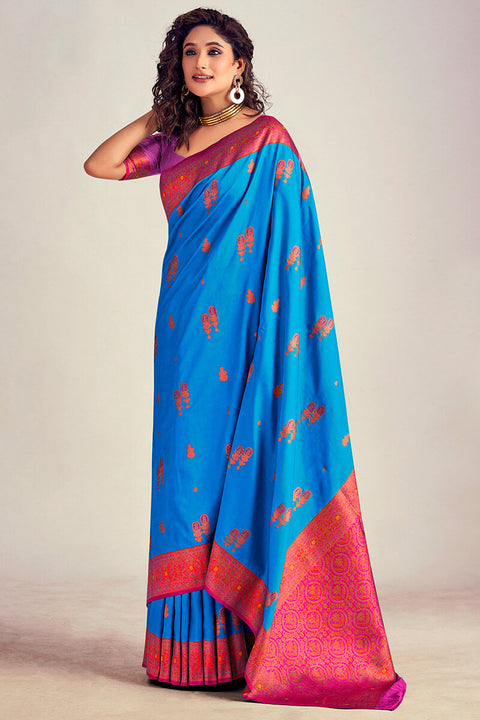 VastraLakshmi Demure Blue Soft Banarasi Silk Saree With Fairytale Blouse Piece