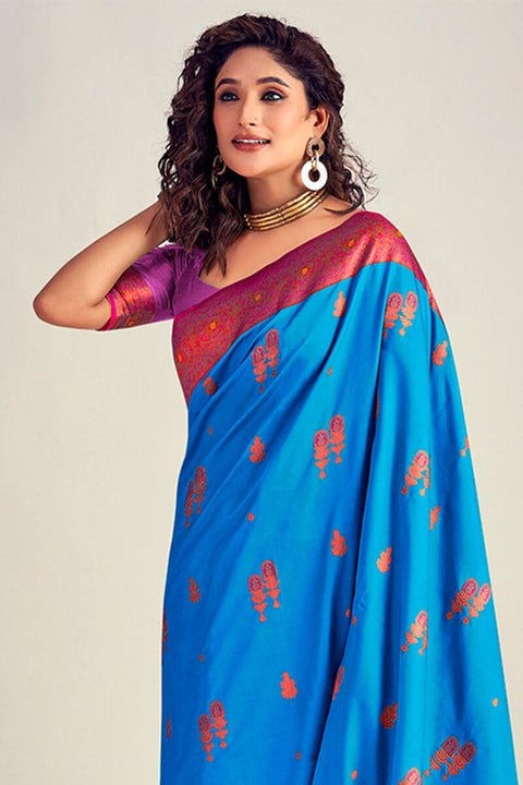 VastraLakshmi Demure Blue Soft Banarasi Silk Saree With Fairytale Blouse Piece