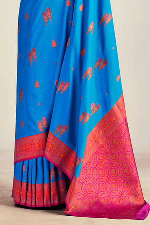 VastraLakshmi Demure Blue Soft Banarasi Silk Saree With Fairytale Blouse Piece