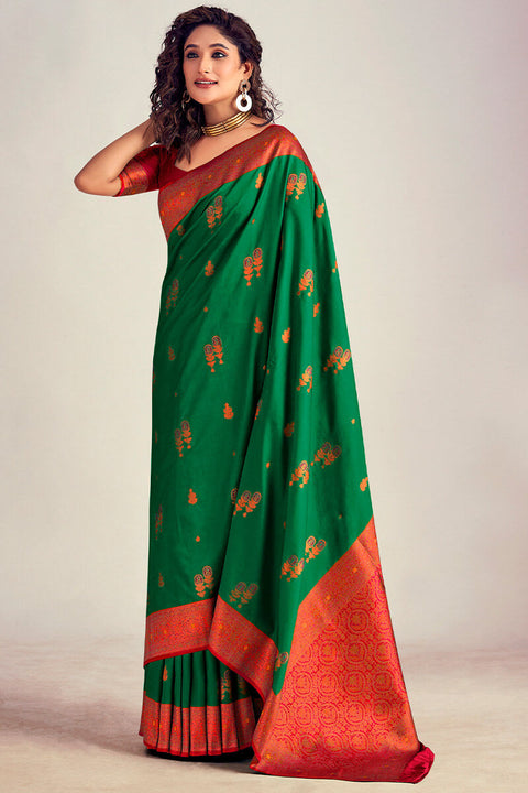 VastraLakshmi Lassitude Dark Green Soft Banarasi Silk Saree With Redolent Blouse Piece