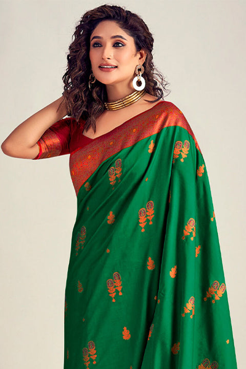 VastraLakshmi Lassitude Dark Green Soft Banarasi Silk Saree With Redolent Blouse Piece