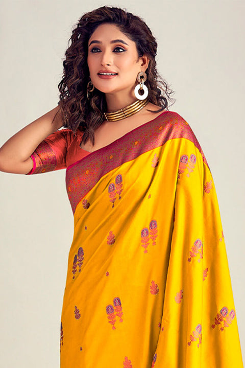 VastraLakshmi Confounding Yellow Soft Banarasi Silk Saree With Enchanting Blouse Piece