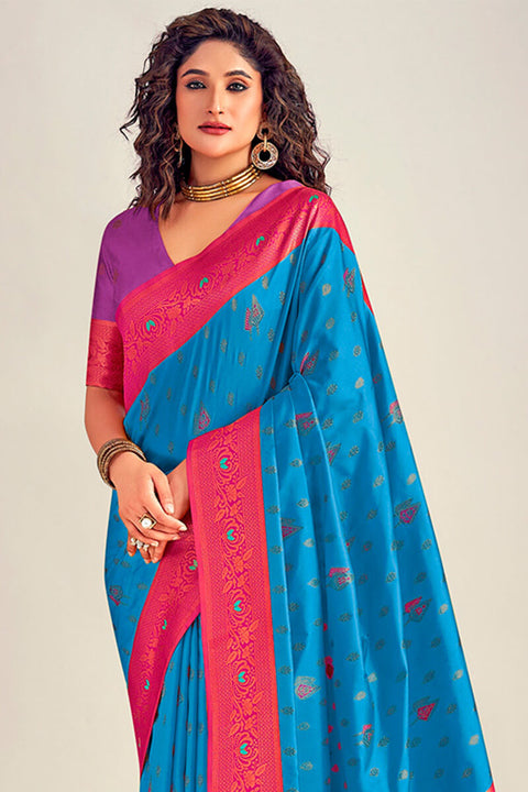 VastraLakshmi Evocative Blue Soft Banarasi Silk Saree With Mellifluous Blouse Piece