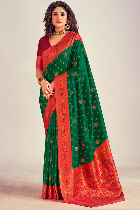 VastraLakshmi Effulgent Dark Green Soft Banarasi Silk Saree With Luminous Blouse Piece