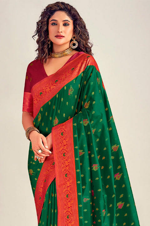 VastraLakshmi Effulgent Dark Green Soft Banarasi Silk Saree With Luminous Blouse Piece