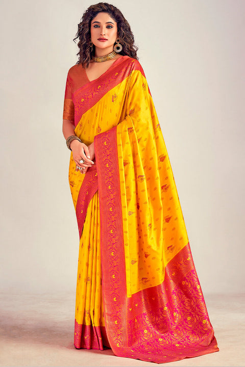 VastraLakshmi Dulcet Yellow Soft Banarasi Silk Saree With Winsome Blouse Piece