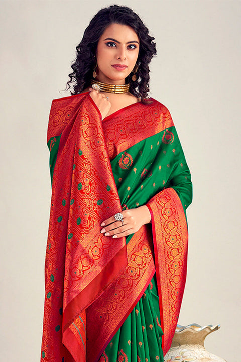 VastraLakshmi Ideal Dark Green Soft Banarasi Silk Saree With Excellent Blouse Piece